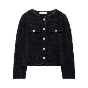 Veste En Tweed Femmes Élégant Col Rond Boutons Métalliques Bordure En Cuir Manches Longues Extérieur