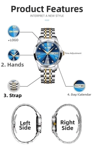 Detail view of quartz watch with blue sunray dial and dual calendar display feature