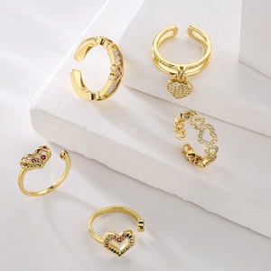 Hollow Heart Shape Open Ring Copper Gold Plated Zircon Geometric Adjustable Jewelry For Women Niche Design