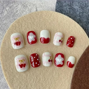 Süße Kinder Kunstnägel Erdbeere Rot Punktmuster Blumen Herz Design Kurz Rund Künstliche Nägel Für Mädchen Damen