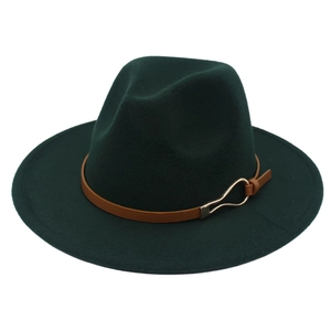 Chapeau fedora jazz élégant en laine vert foncé avec boucle de ceinture en cuir brun