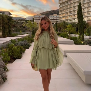 Solid Green Chiffon Ruffle Mini Dress High Waist Layered Bell Sleeve Elegant Fashion Style For Women