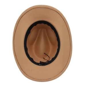 Detail view of khaki wool felt fedora interior showing sweatband and size 57 label