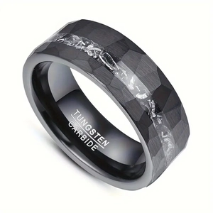Men's tungsten carbide ring with faceted black exterior and silver inlay on white background