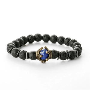 Men's retro beaded bracelet with black lava stone and blue tiger eye beads on white background