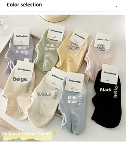 Flat lay of colorful breathable cotton ankle socks in pastel shades with hello lettering