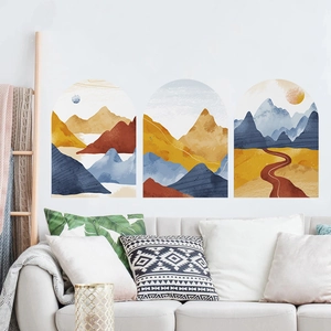 Stickers muraux bohèmes paysage en trois pièces dans un décor de salon moderne
