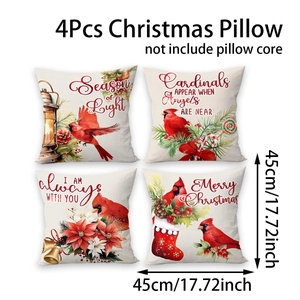 Set of 4 Christmas pillow covers with vintage cardinals and holiday stocking patterns