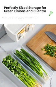 Detail of slim stackable kitchen storage boxes for keeping spring onions and herbs fresh