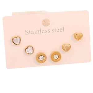 6-piece gold stainless steel stud earring set with heart shapes and Roman numerals