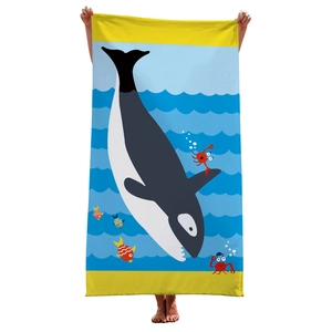 Detail of soft beach towel featuring colorful ocean patterns and cartoon sea animals