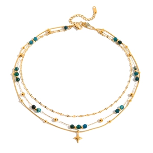 Collier triple rang en acier inoxydable doré 18K avec pierres et pendentif étoile