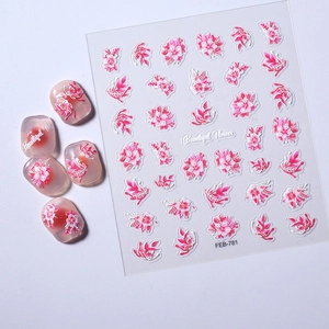 Detailed relief 3D pink and white flower nail stickers with floral patterns on transparent base