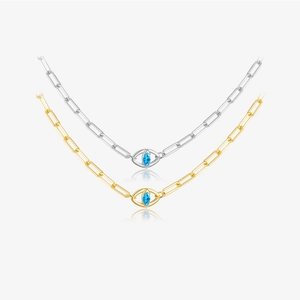 925 Sterling Silver Evil Eye Necklace For Women Blue Marquise Rhinestone Pendant Paperclip Chain Fashion Jewelry Gift