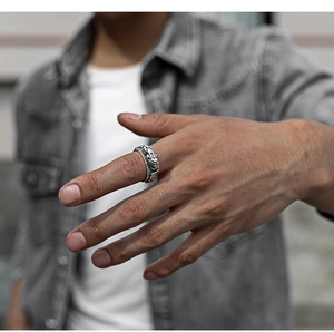 Detailed relief of Pixiu and Six-Syllable Mantra on retro silver-style ring for men