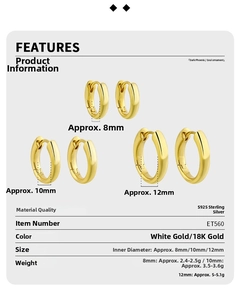 Size specifications of minimalist S925 sterling silver hoop earrings in 8mm 10mm and 12mm