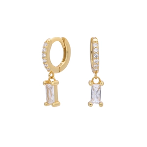 Detail of gold S925 silver huggie hoop earrings with rectangular zircon pendants