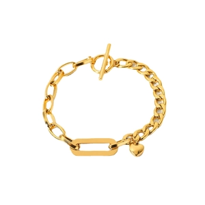 18K gold-plated stainless steel Cuban chain bracelet with OT clasp and heart pendant
