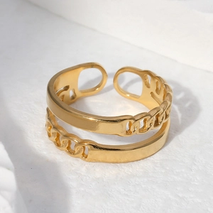Double Layer Adjustable Ring Women Stainless Steel 18K Gold Plated Chain Pattern Minimalist Retro Fashion Jewelry