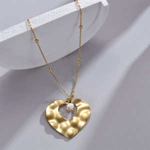 14K gold plated stainless steel heart pendant necklace with pearl on white block