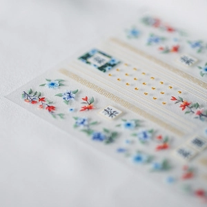 Stereo 5D thin nail art stickers featuring blue and red floral patterns with gold frames