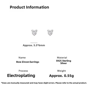 Detailed specs for bowknot zircon earrings in S925 sterling silver with size info