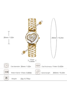 Detailed technical diagram showing dimensions of heart-shaped gold quartz watch