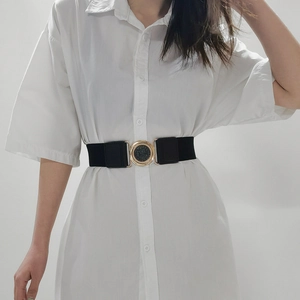 Black elastic waist belt for women with gold round buckle and sparkling rhinestones