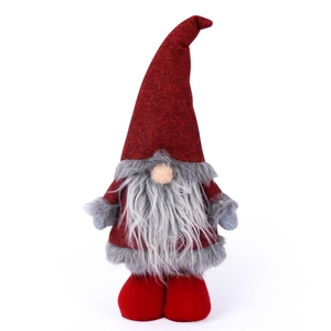 Standing faceless Christmas gnome doll with tall red hat and long grey plush beard