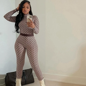 Women Geometric Print Long Sleeve Jumpsuit Slim Fit Stretchy High Neck Streetwear Bodysuit