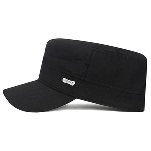 Classic black military flat top cap with silver metal Sport badge and canvas texture