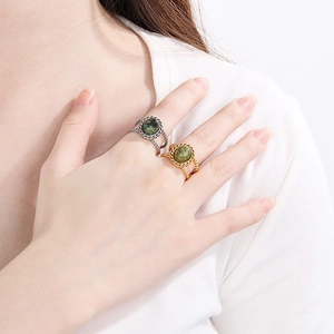 Retro stainless steel open ring with green stone in vintage bohemian court style