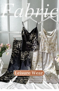 Detail view of satin floral pajamas featuring sleek camisole and long pants set