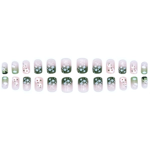 24pcs Green gradient press-on nails with cute floral patterns and cloud designs