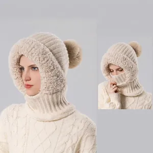 Capuche d'hiver 3-en-1 pour femme en tricot avec bordure en fourrure et doublure polaire