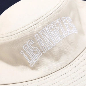 British style beige cotton bucket hat with white Los Angeles embroidery for sun protection