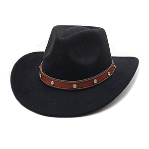 Classic black felt cowboy hat with a brown studded leather band on white background