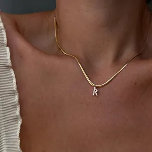 Chic 14k gold plated snake chain necklace with sparkling zircon letter R pendant for women