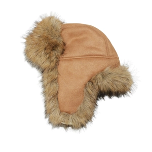 Detailed view of winter aviator hat featuring brown suede and thick faux fur lining