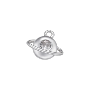 Macro view of planet pendant with silver ring and clear zircon stone inlay