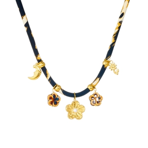 Vintage style leopard print fabric necklace with gold moon and camellia charms and pearls