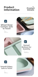 Detail of wheat straw tray set with raised base and smooth edges in pastel colors