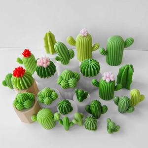 Macro shot of assorted cactus silicone molds and finished green succulent candles