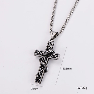 Retro stainless steel cross pendant necklace with a detailed snake wrap and box chain