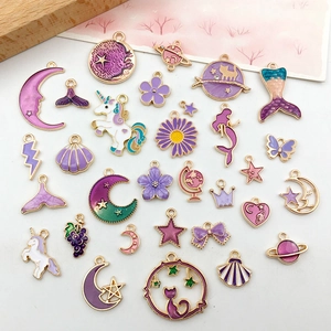 Purple Enamel Zinc Alloy Charms For DIY Jewelry Making Mixed Moon Star Unicorn Mermaid Tail Pendants