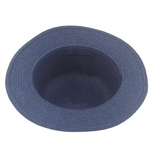 Detail view of navy blue straw boater hat showing tight circular weave and inner band