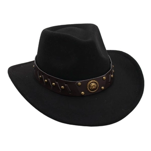 Close-up of black wool felt cowboy hat with bronze band and metal badge detail
