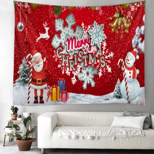 Festive red Christmas wall tapestry with Santa and snowman, decorative hanging for home decor