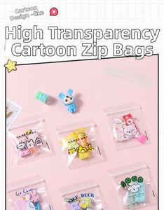 Close-up of cute cartoon transparent resealable bags with zipper lock for snacks and toys