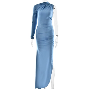 Elegant blue one-shoulder long dress with side slit and ruched detail for women